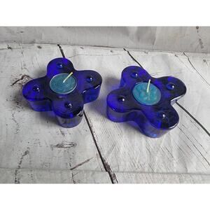 2 Pier One Imports Cobalt Blue Glass Votive Candle Holders, X Shape, Stackable.